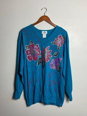 Blue floral print V-neck long sleeves blouse size 2X 100% acrylic